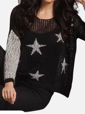 french kyss Black Open-Knit Star Sweater with White Stars